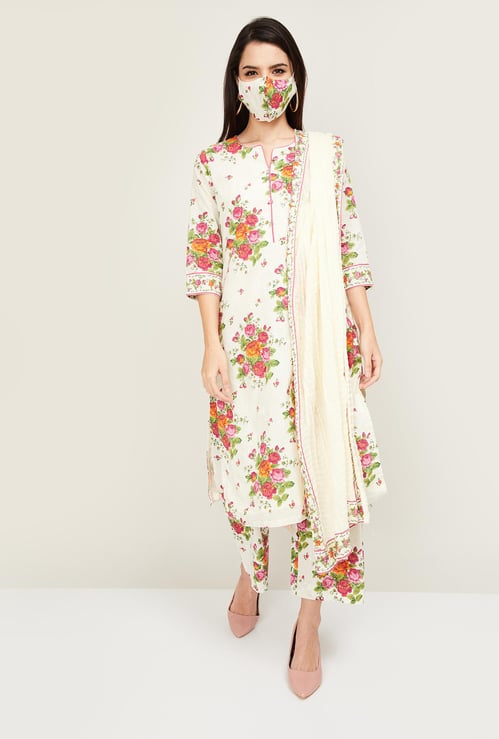 BIBA Women Floral Print Straight Kurta with Palazzos and Dupatta