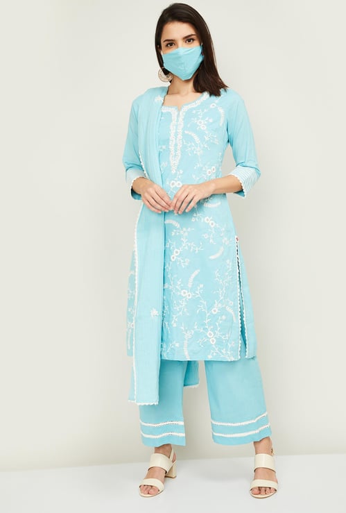 BIBA Women Embroidered Straight Kurta with Palazzos and Dupatta