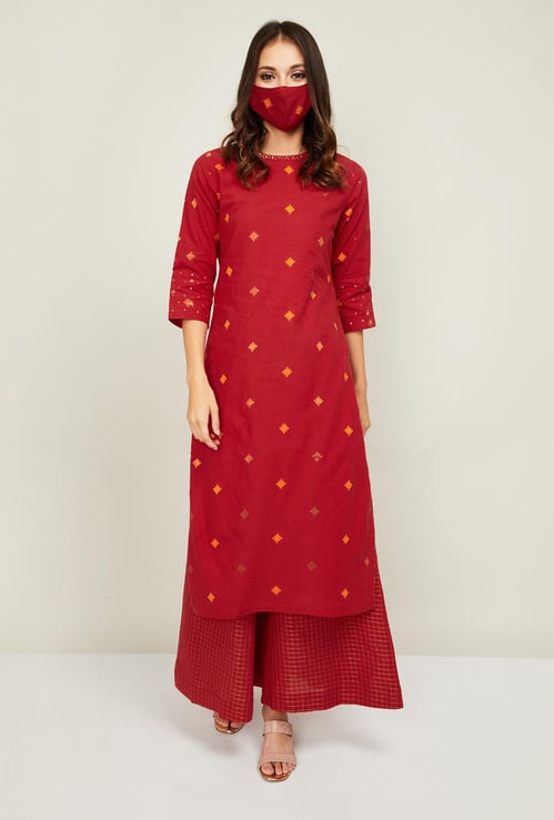 BIBA Women Printed Kurta with Checked Palazzo Pants & Mask