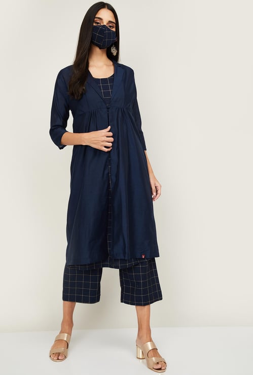 BIBA Women Checked Kurta with Shrug, Palazzos and Face Mask