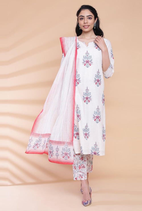 BIBA Women Printed Kurta with Straight Pants, Dupatta and Face Mask