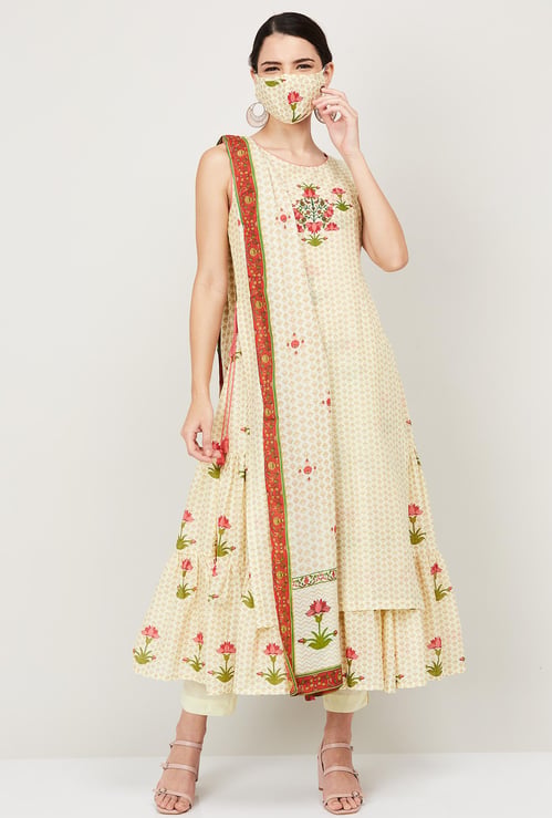 BIBA Women Printed Layered Kurta with Straight Pants, Dupatta and Mask