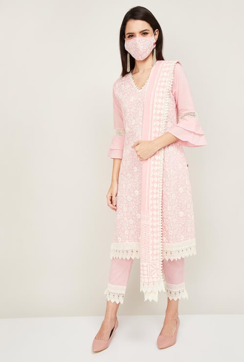 BIBA Women Embroidered Kurta with Straight Pants and Dupatta