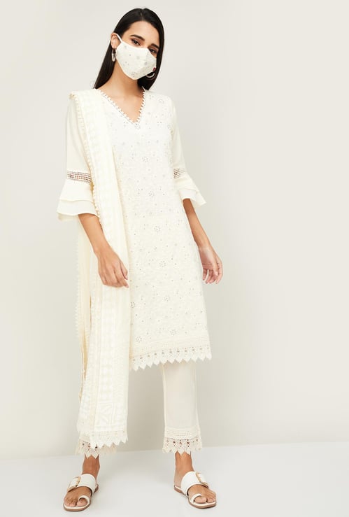 BIBA Women Embroidered Kurta with Straight Pants, Dupatta and Face Mask
