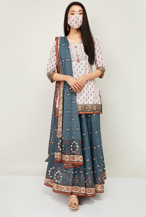 BIBA Women Printed Kurti with Maxi Skirt, Dupatta and Face Mask