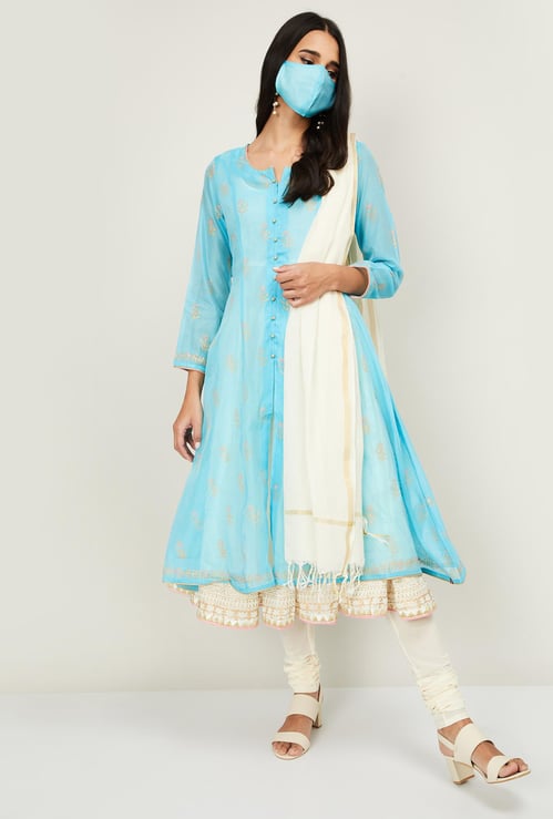 BIBA Women Printed Layered Kurta with Churidar, Dupatta and Mask