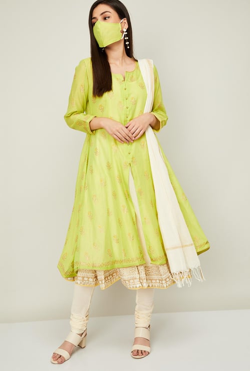 BIBA Women Printed Layered kurta with Churidar and Dupatta