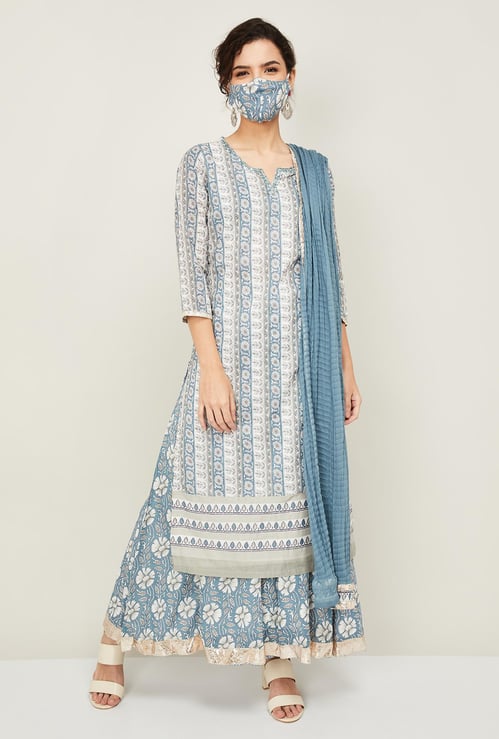 BIBA Women Printed Kurta with Palazzos, Dupatta and Face Mask