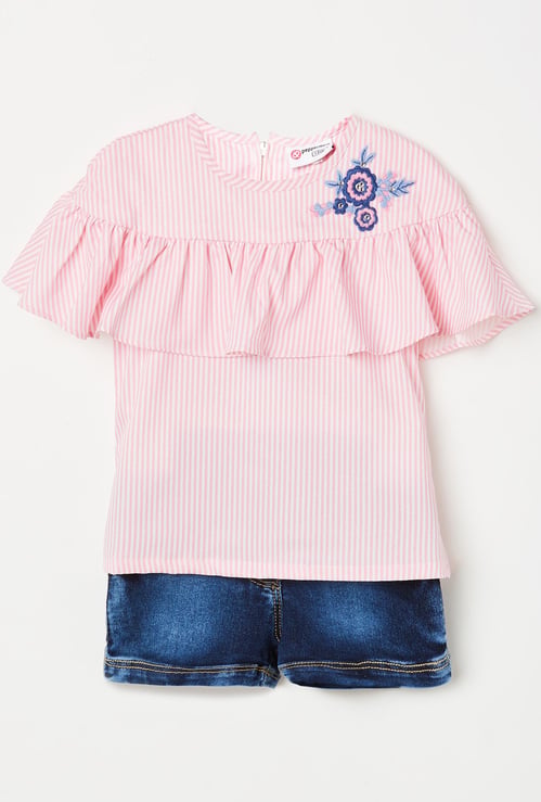 PEPPERMINT Girls Striped Top with Denim Shorts