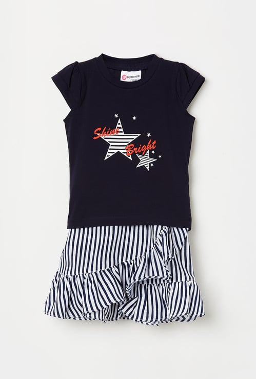 PEPPERMINT Girls Printed Top with Striped Ruffle Skirt