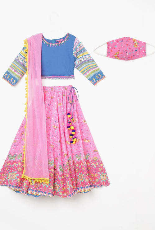 BIBA Girls Printed Lehenga Set with Dupatta and a Mask