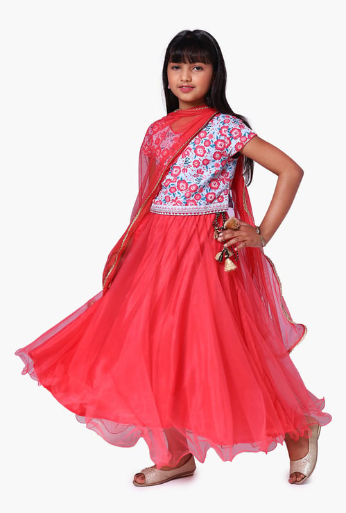 BIBA Girls Printed Blouse with Lehenga and Dupatta