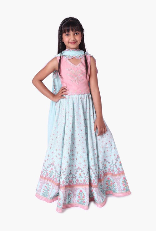 BIBA Girls Embroidered Blouse with Printed Lehenga and Dupatta
