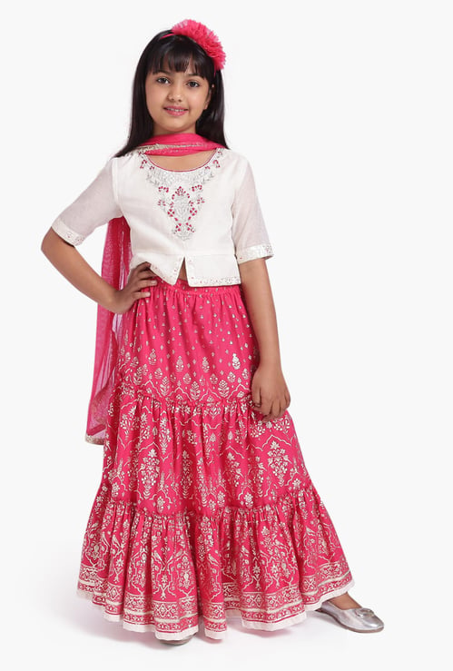 BIBA Girls Embroidered Top with Tiered Skirt and Dupatta