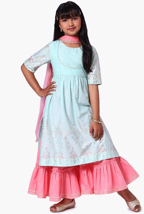 BIBA Girls Printed Kurta with Sharara and Dupatta