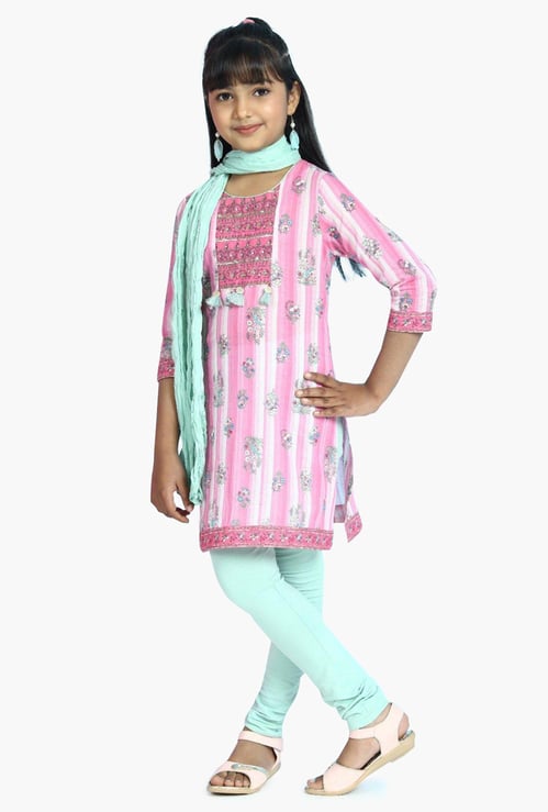 BIBA Girls Floral Print Kurta with Solid Churidar and Dupatta