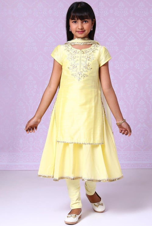 BIBA Girls Embroidered Layered Kurta With Solid Churidar and Dupatta