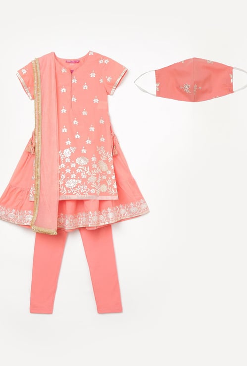 BIBA Girls Printed Layered Kurta with Churidar, Dupatta and Mask