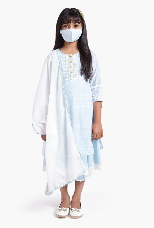 BIBA Girls Printed Layered Kurta with Pants, Dupatta and Mask