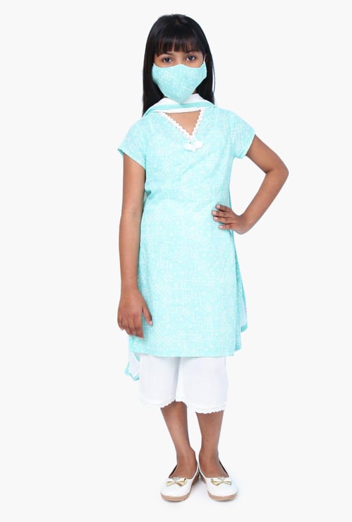 BIBA Girls Printed Kurta with Cropped Palazzos, Dupatta and Face Mask