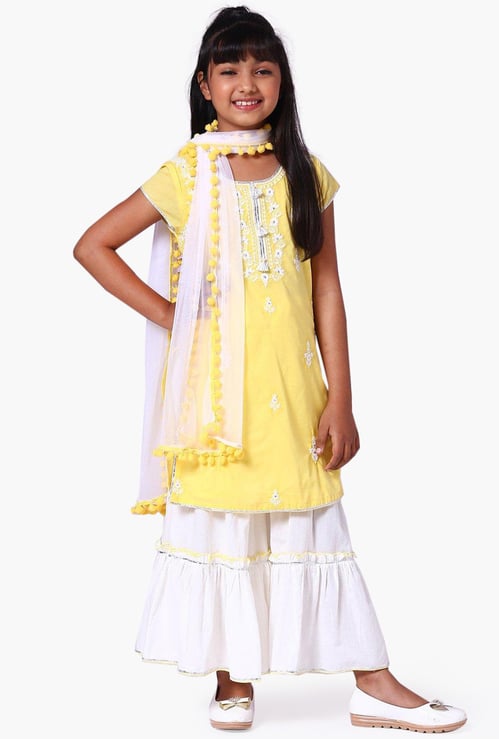 BIBA Girls Embroidered Kurta with Sharara and Dupatta