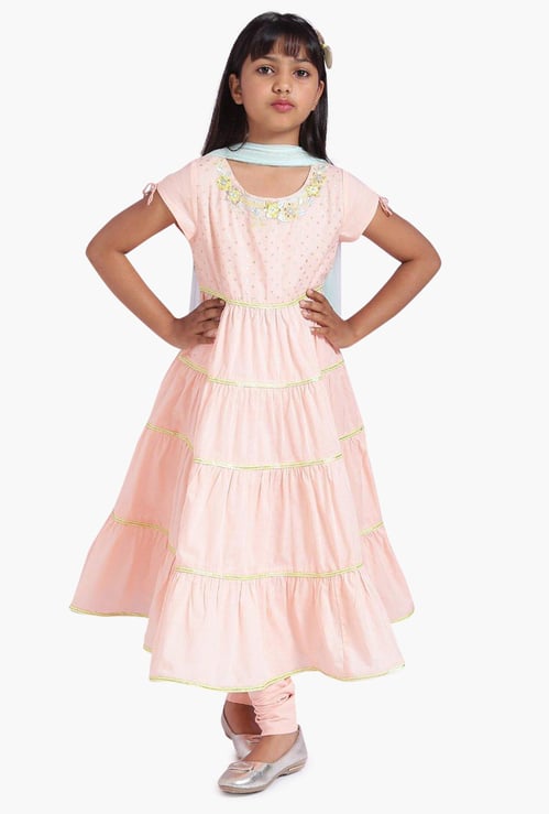 BIBA Girls Embroidered Tiered Kurta with Churidar and Dupatta
