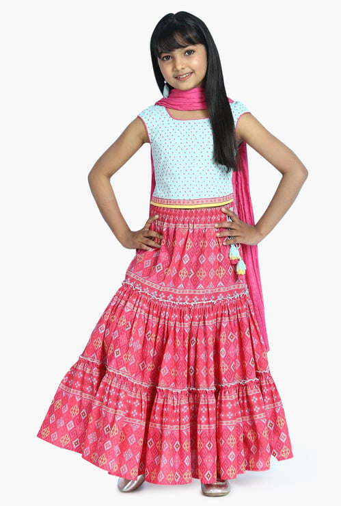 BIBA Girls Printed Top with Tiered Skirt and Dupatta