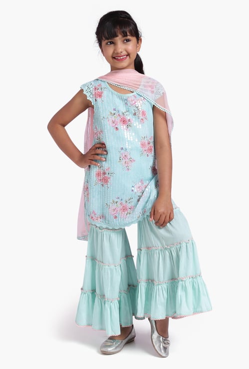 BIBA Girls Printed Kurta with Sharara Pants, Dupatta and Face Mask