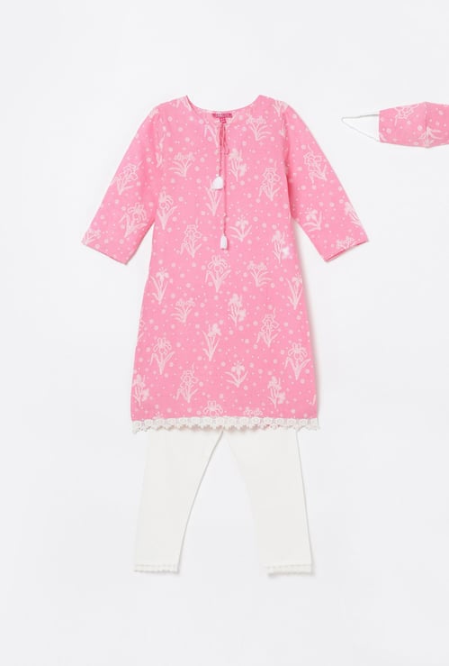 BIBA Girls Printed Woven A-line Kurta with Leggings and Mask