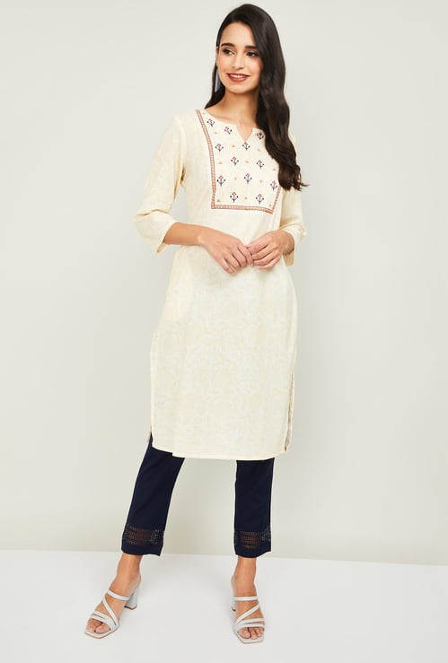 MELANGE Women Embroidered Three-Quarter Sleeves Straight Kurta