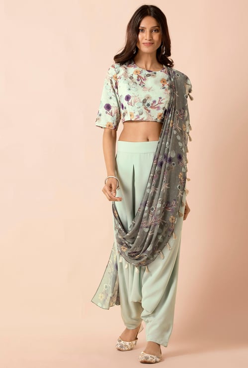 INDYA Women Solid Patiala Pants with Attached Dupatta