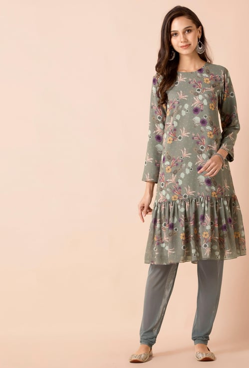 INDYA Women Floral Print Three-quarter Sleeves Ruffled Tunic