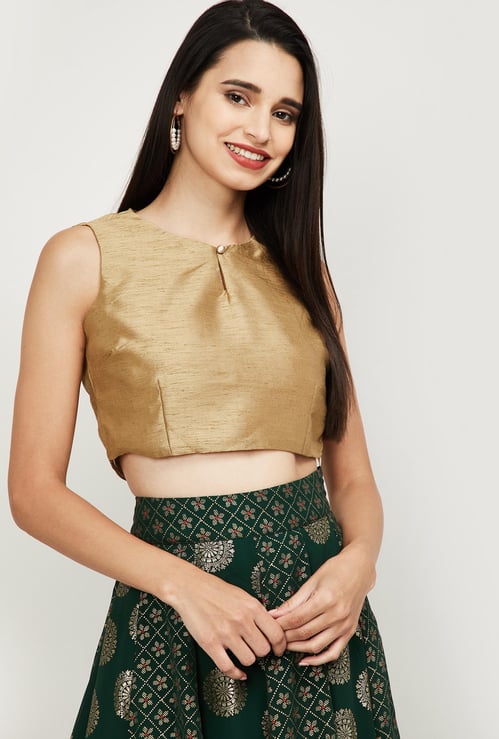 INDYA Women Solid Sleeveless Ethnic Crop Top