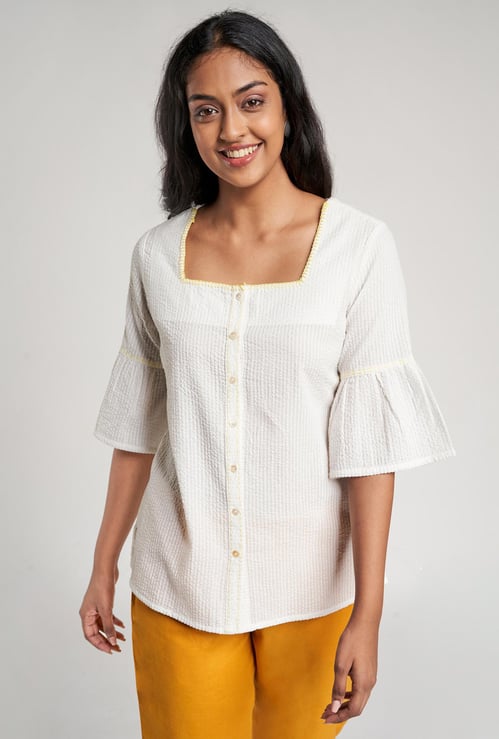 GLOBAL DESI Women Textured Bell Sleeves Top