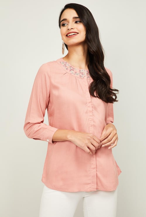 GLOBAL DESI Women Embroidered Three-Quarter Sleeves Top