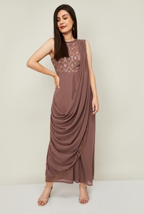 INDYA Women Embroidered Sari Tunic with Attached Dupatta