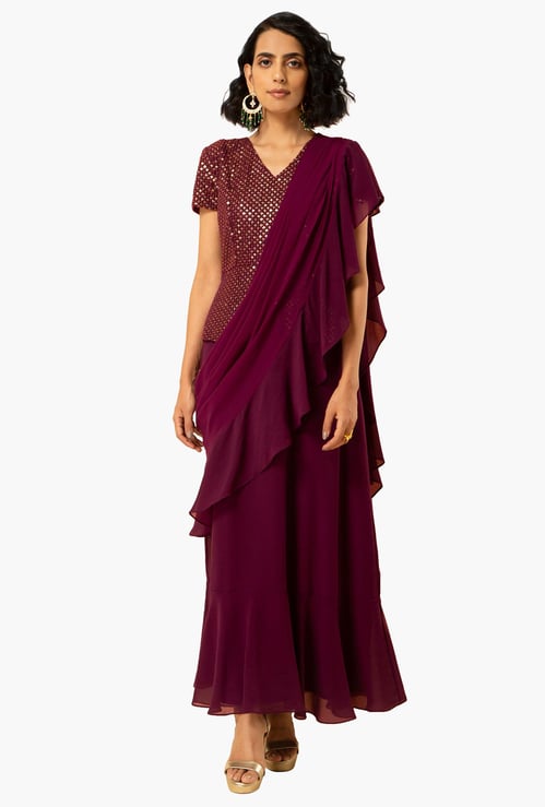 INDYA Embroidered Peplum Ruffled Sari Tunic