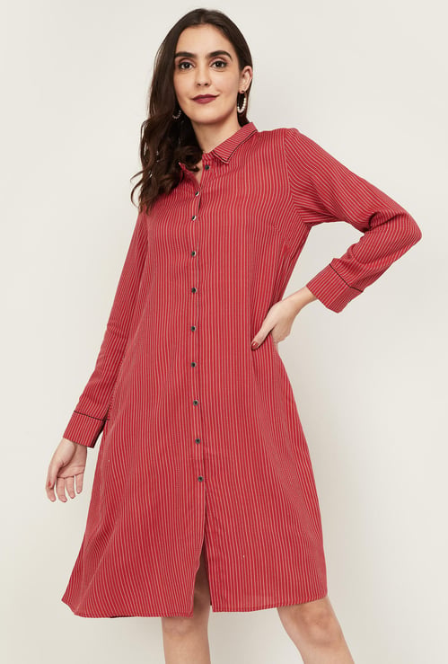 W Women Striped Shirt Style Full Sleeves Dress