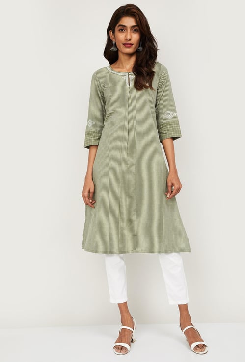 W Women Striped Three-Quarter Sleeves Straight Kurta