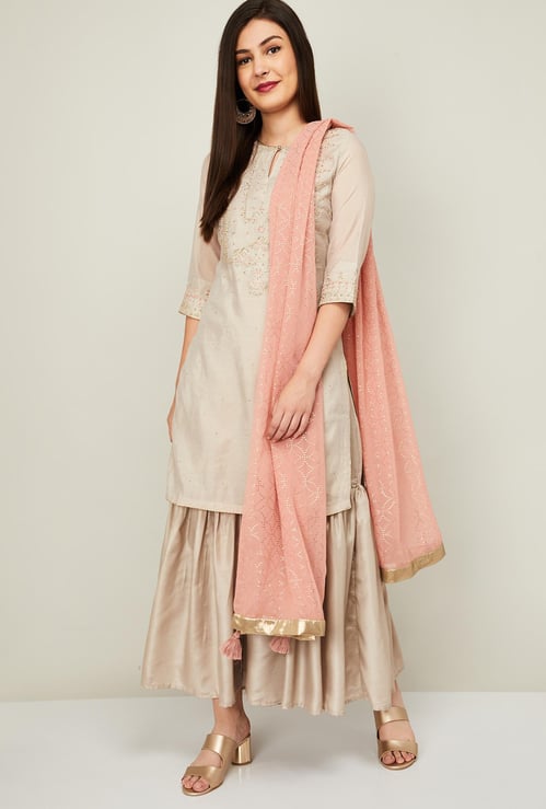 W Women Embroidered Kurta with Sharara and Dupatta