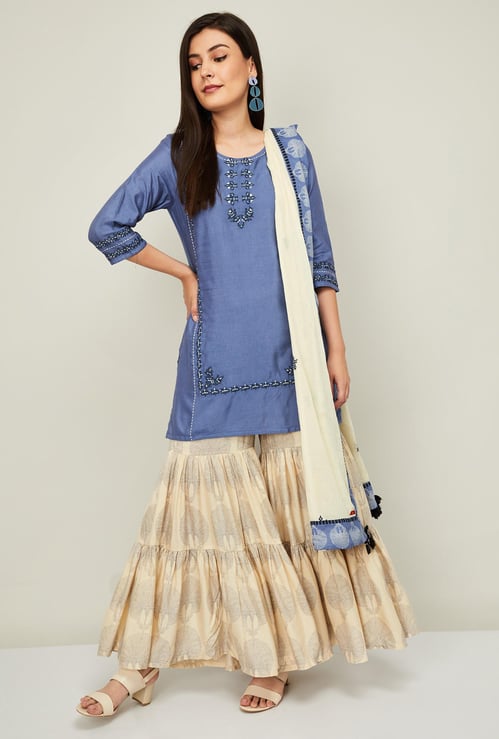 W Women Embroidered Kurta with Sharara Pants and Dupatta