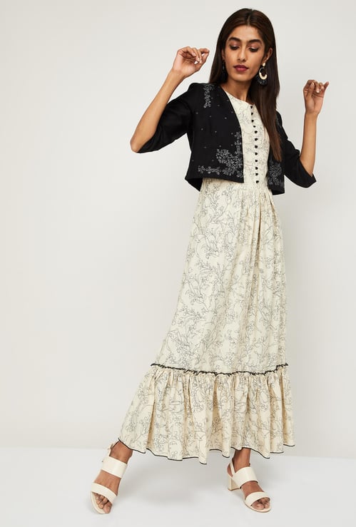 W Women Printed Sleeveless A-line Maxi Dress with Open-Front Jacket