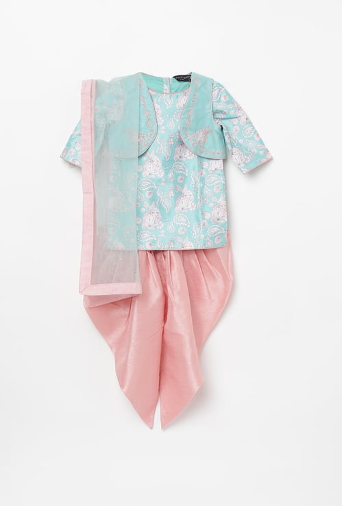 Melange Girls Printed Kurta with Jacket, Dhoti Pants and Dupatta