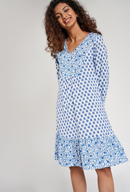 GLOBAL DESI Women Printed Three-Quarter Sleeves A-line Dress