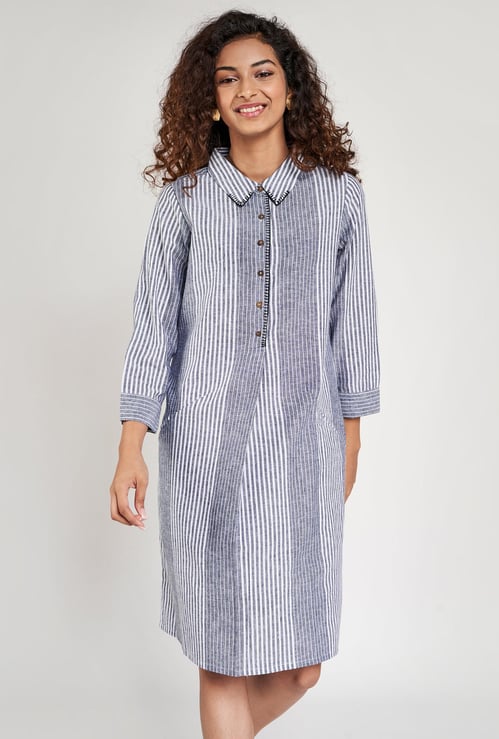 GLOBAL DESI Women Striped Collared Shirt Dress