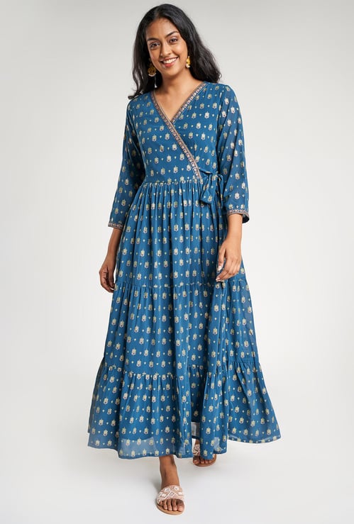GLOBAL DESI Women Printed V-Neck Maxi Dress