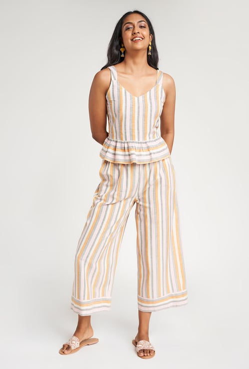 GLOBAL DESI Women Striped Cropped Top with Pants