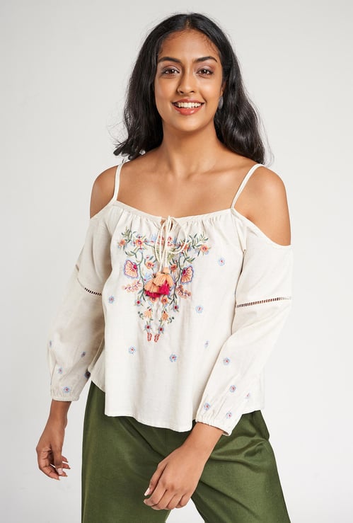 GLOBAL DESI Women Embroidered Cold Shoulder Top