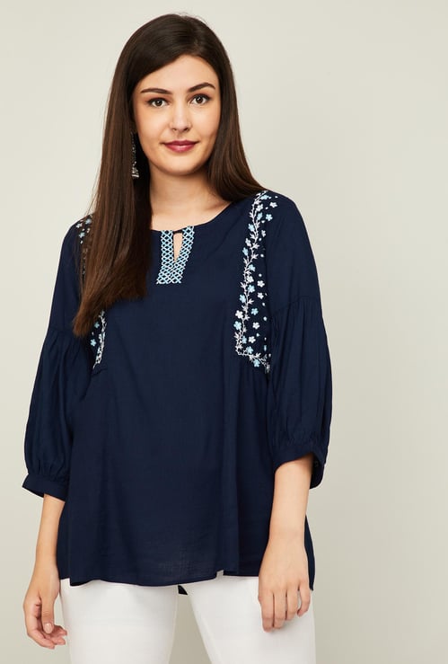 GLOBAL DESI Women Embroidered Three-Quarter Sleeves Top