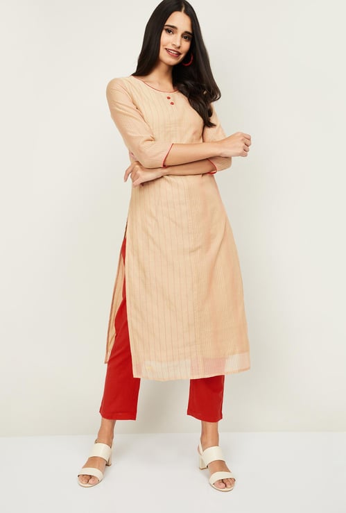 IMARA Women Embroidered Straight Kurta with Solid Trousers